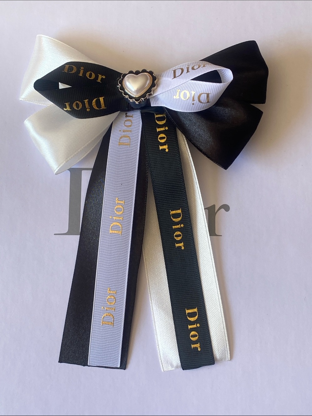 Dior Black and White Double Ribbon Hair Clip Bow with Heart Accent Handmade